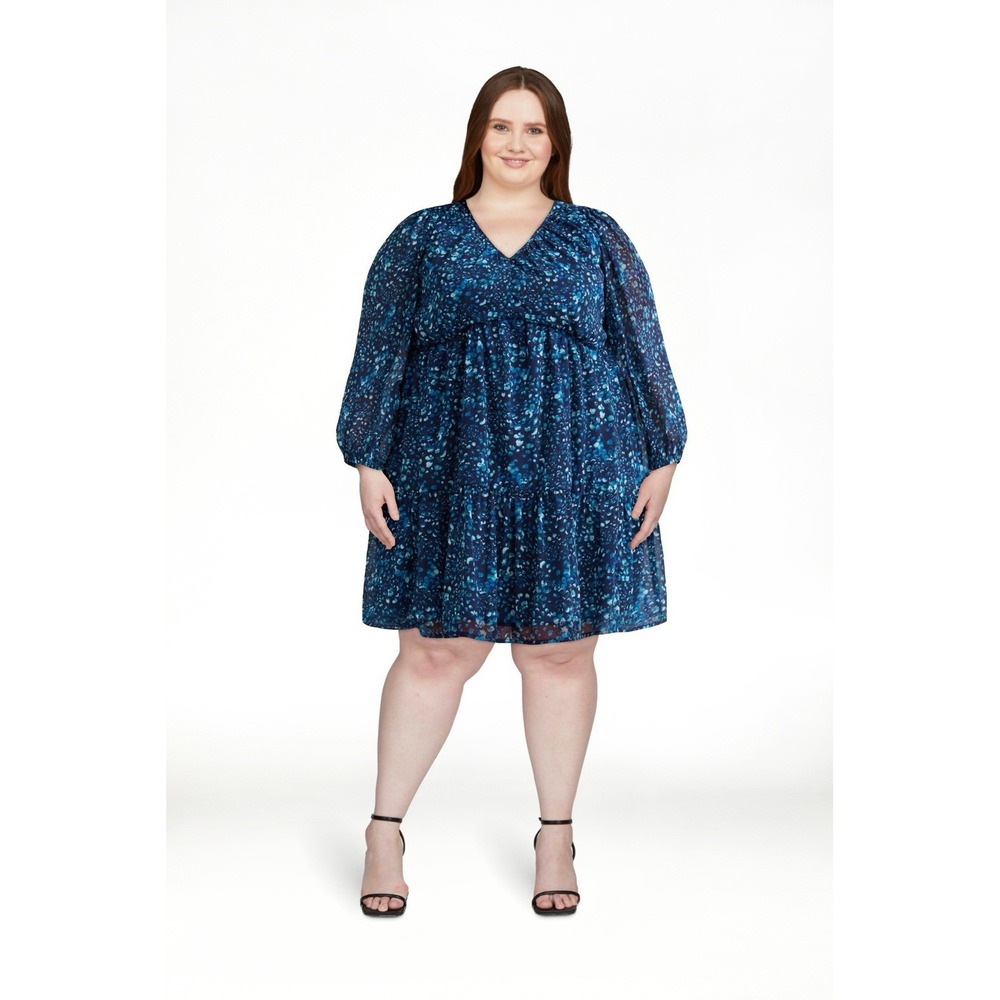 Terra & Sky Dress 4X Semi Sheer Lined Flowey Blue Dots Long Sleeve Chiffon